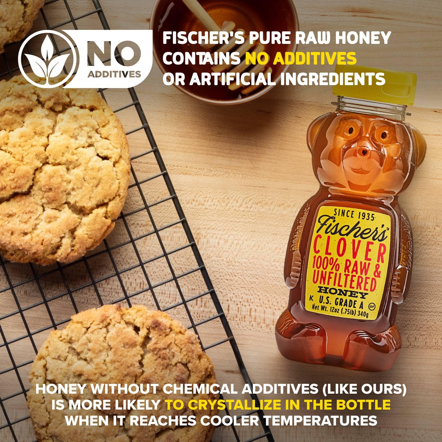 Fischer's Clover Honey crystallized state reveals natural texture and purity.