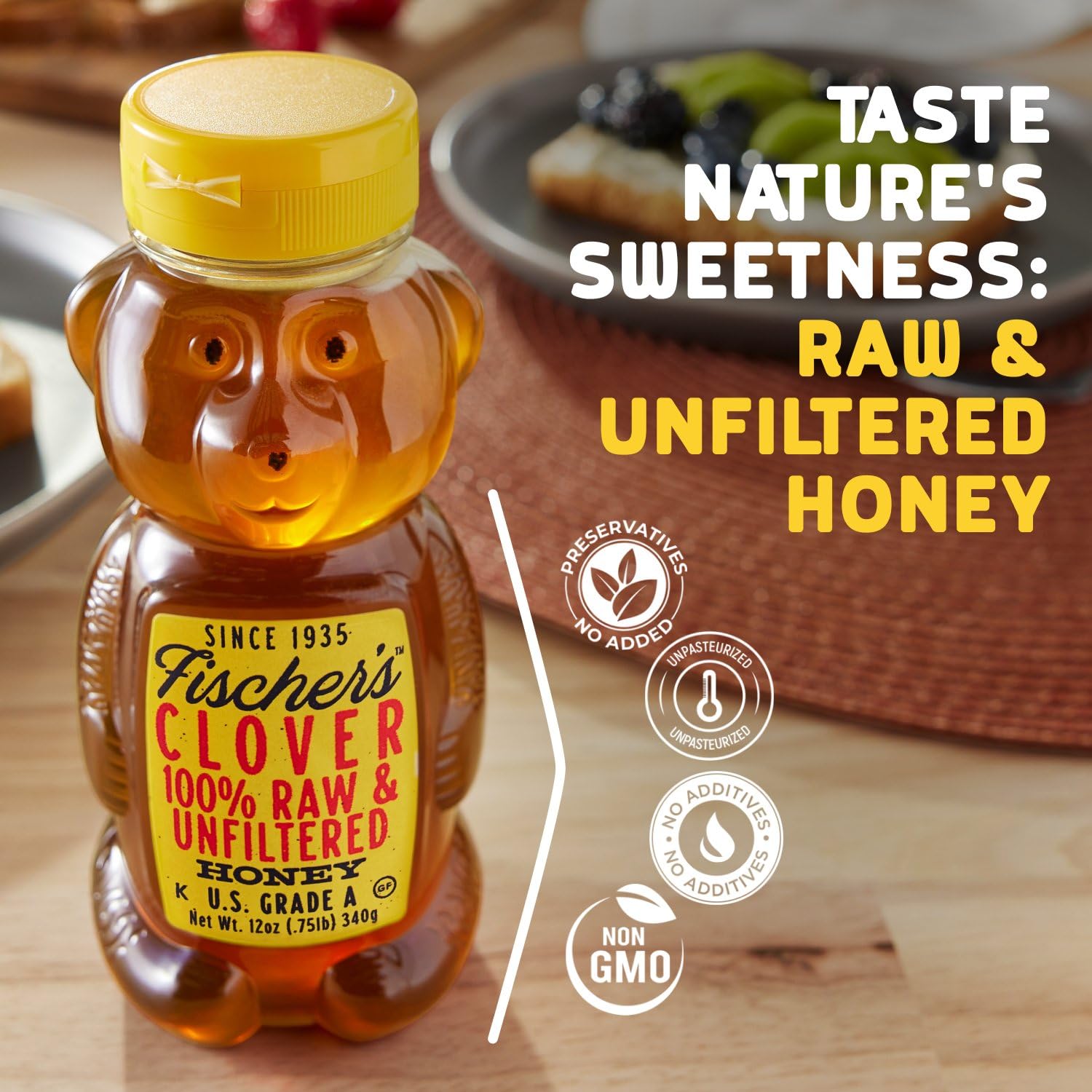 Fischer's Clover Honey raw unfiltered label highlights purity and natural sweetness.