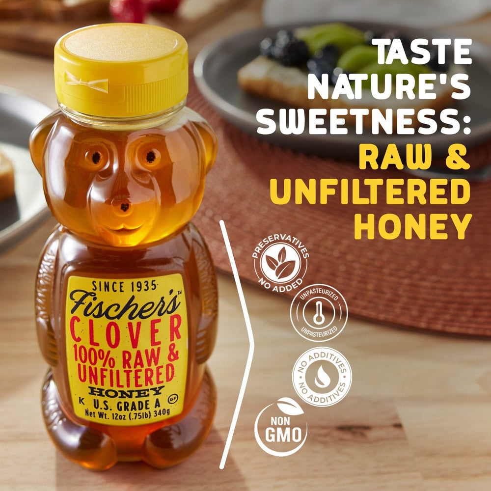 Fischer's Clover Honey raw unfiltered label highlights purity and natural sweetness.