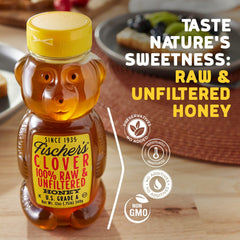 Fischer's Clover Honey raw unfiltered label highlights purity and natural sweetness.