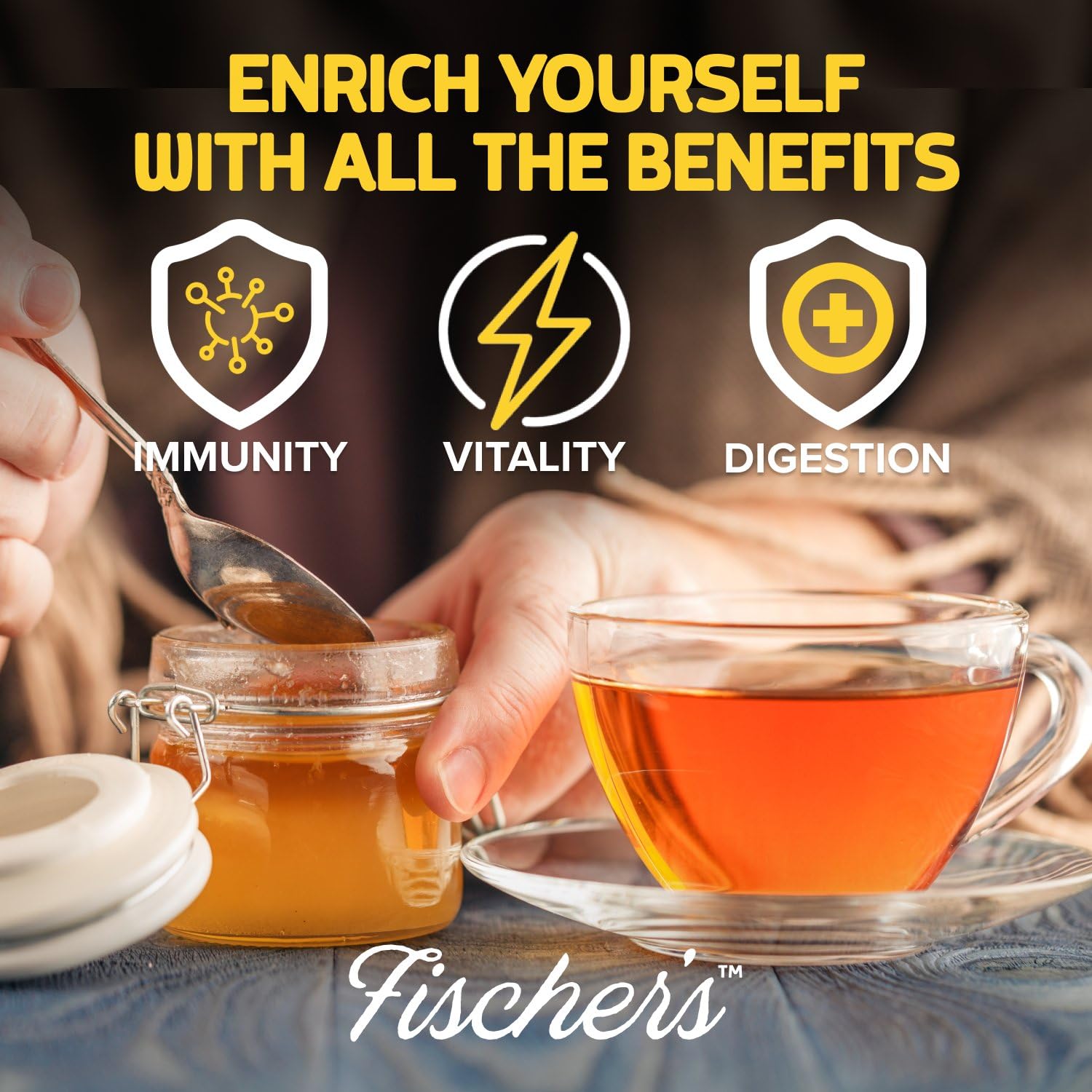 Fischer's Clover Honey drizzle over tea for subtle sweetness and aroma.