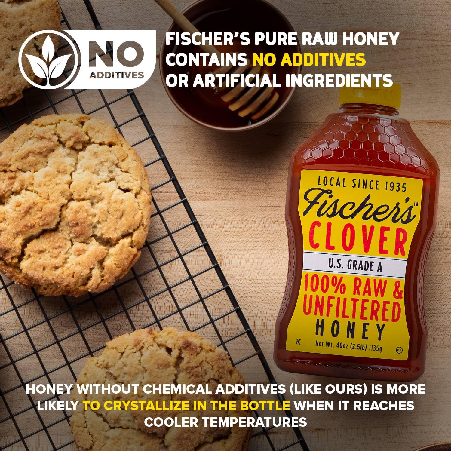 Crystallized Fischer's Clover Honey detail, highlighting natural purity.