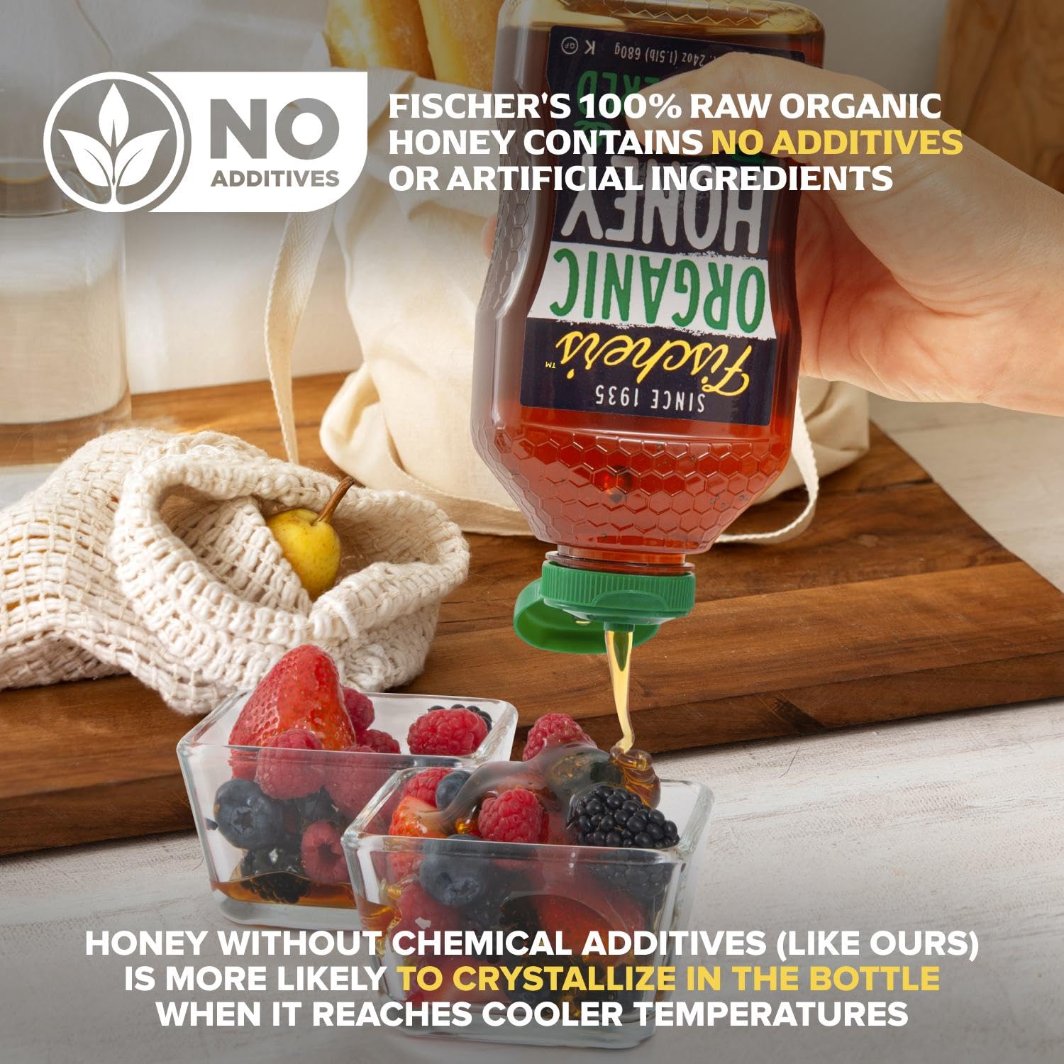 Scoop of Fischer's honey on yogurt with fruit adds a nutrient-rich drizzle.