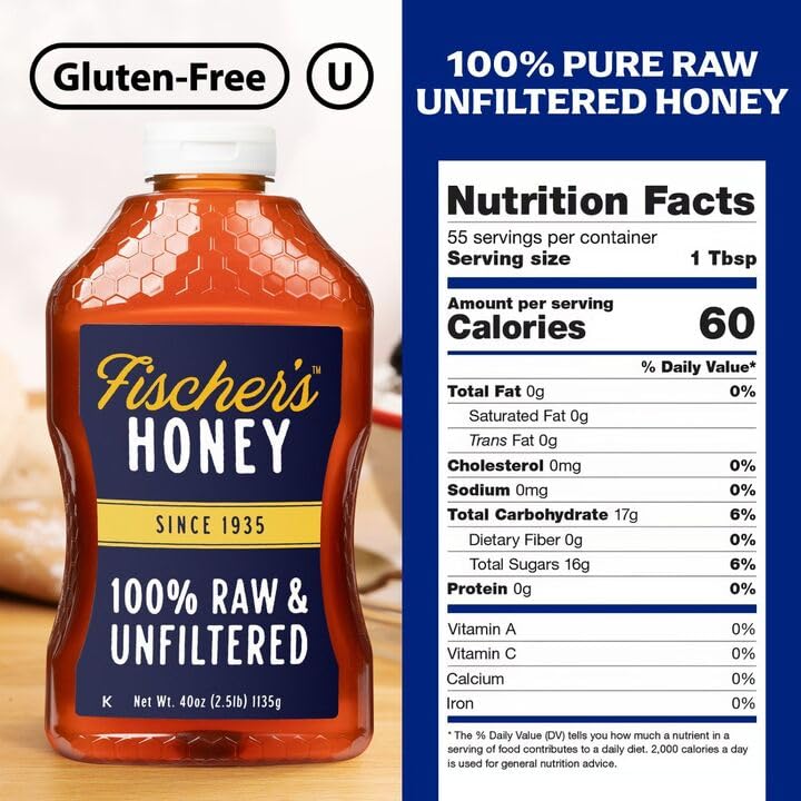 Fischer's raw unfiltered honey jar with purity-focused label