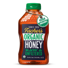 Fischer's 24 oz organic honey bottle, great for natural sweeteners in tea and yogurt.