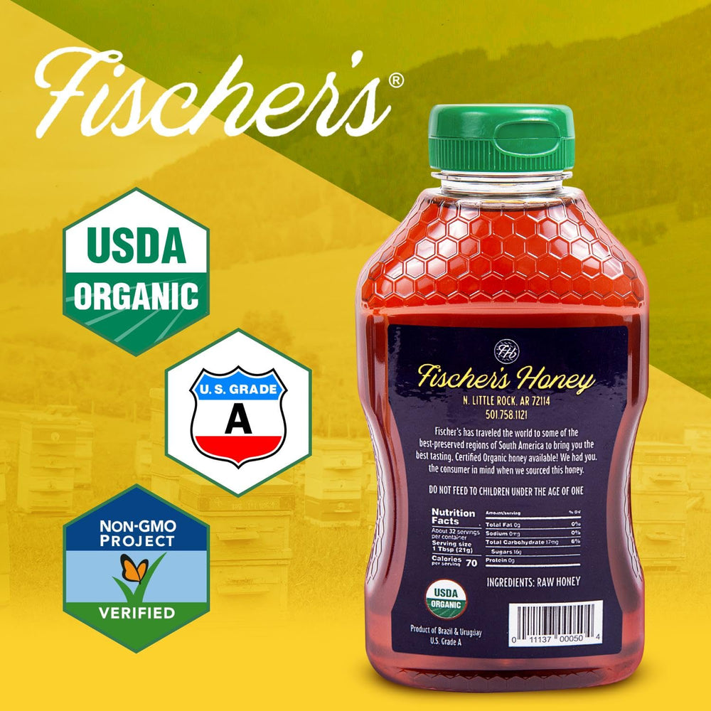 Fischer's honey label shows USDA Organic certification and pure, unfiltered quality.