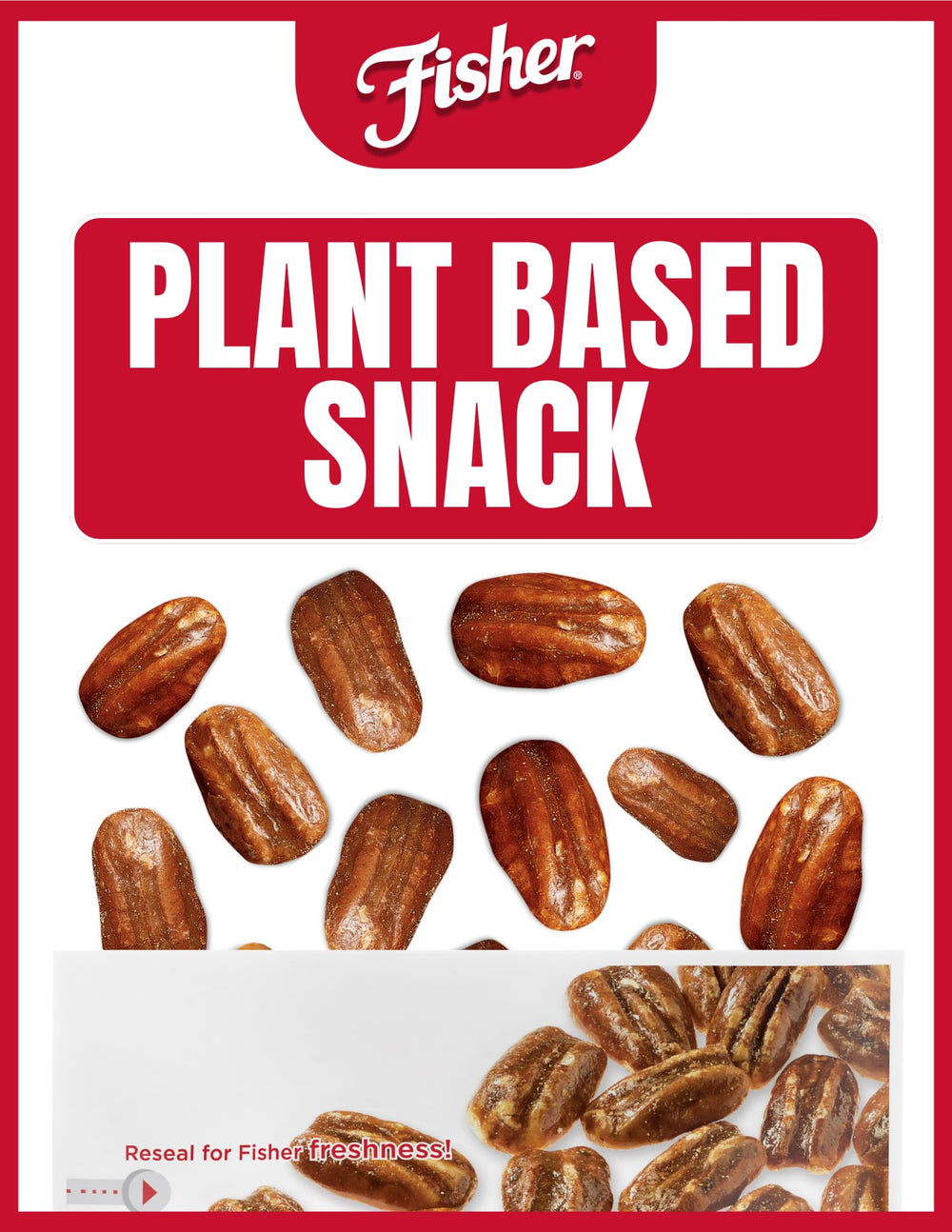 Fisher candied pecans coating detail highlights rich, buttery flavor.