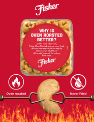 Fisher Cashews non-GMO seal indicating clean snacking.
