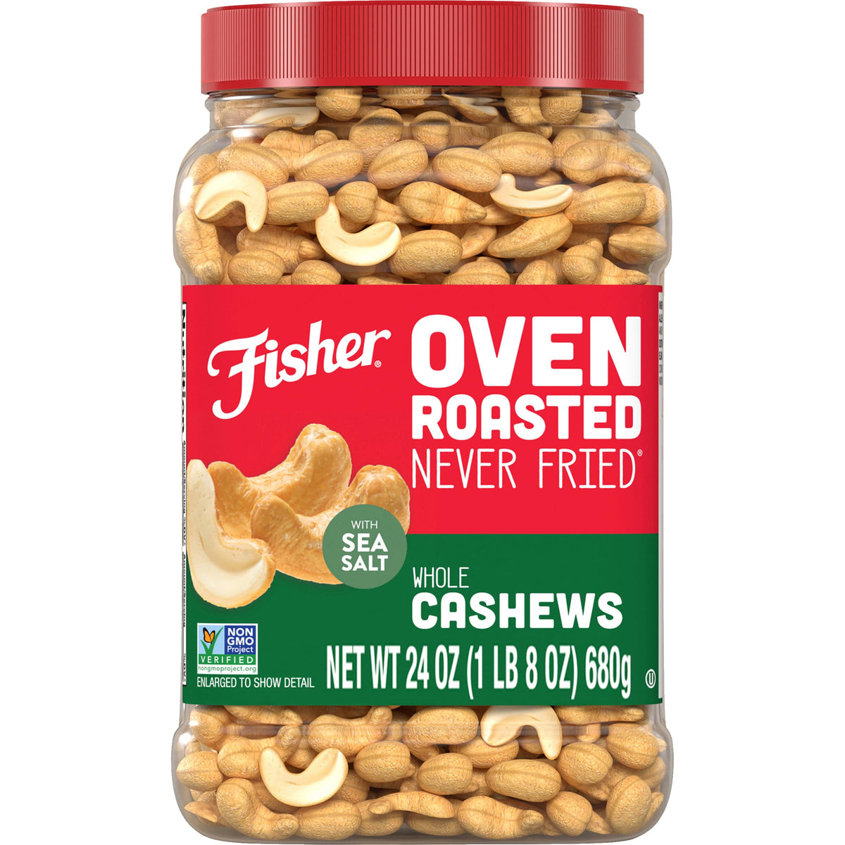 Fisher Cashews oven roasted jar ready for on-the-go snacking.