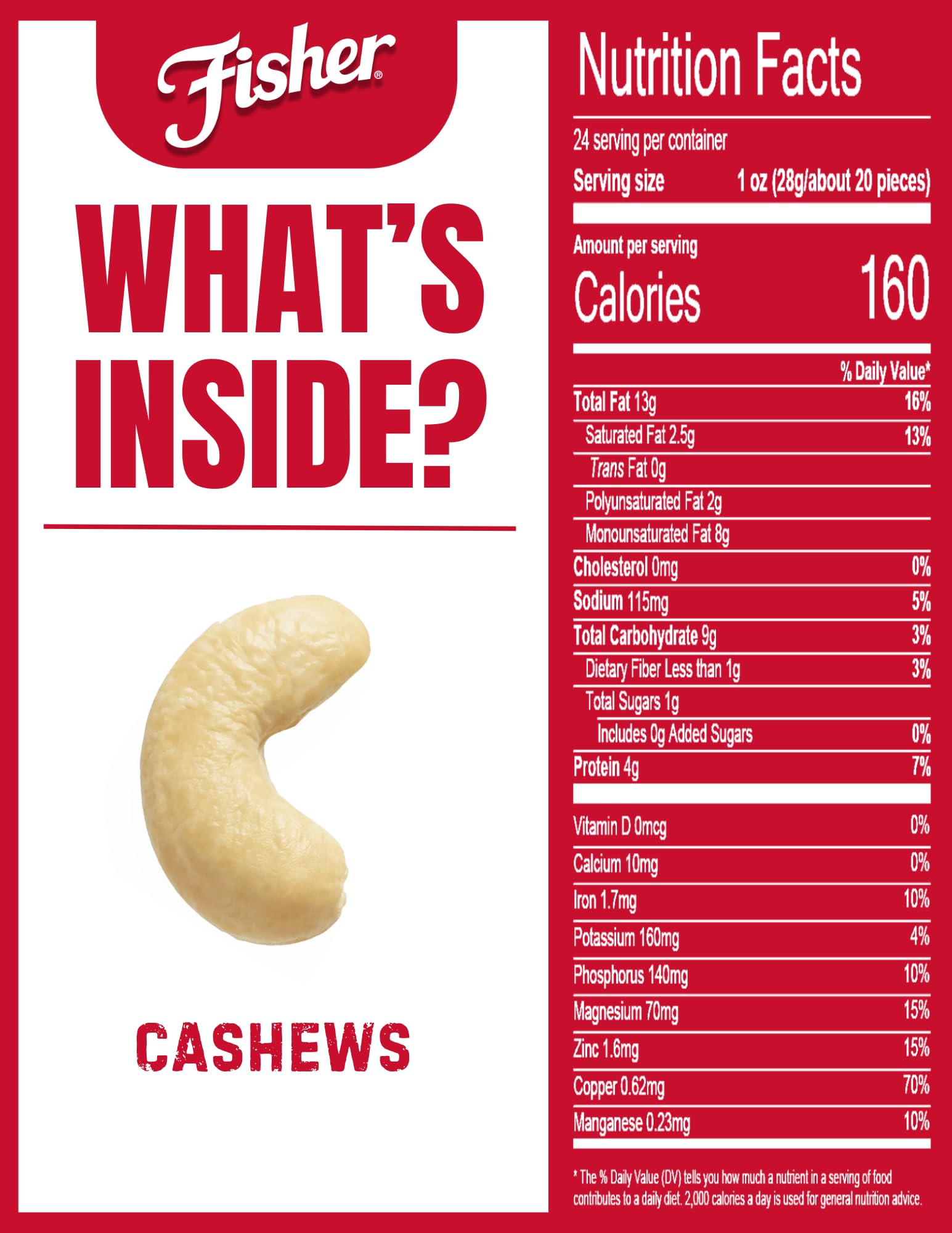 Fisher Cashews sea salt dust glistening for savory crunch.