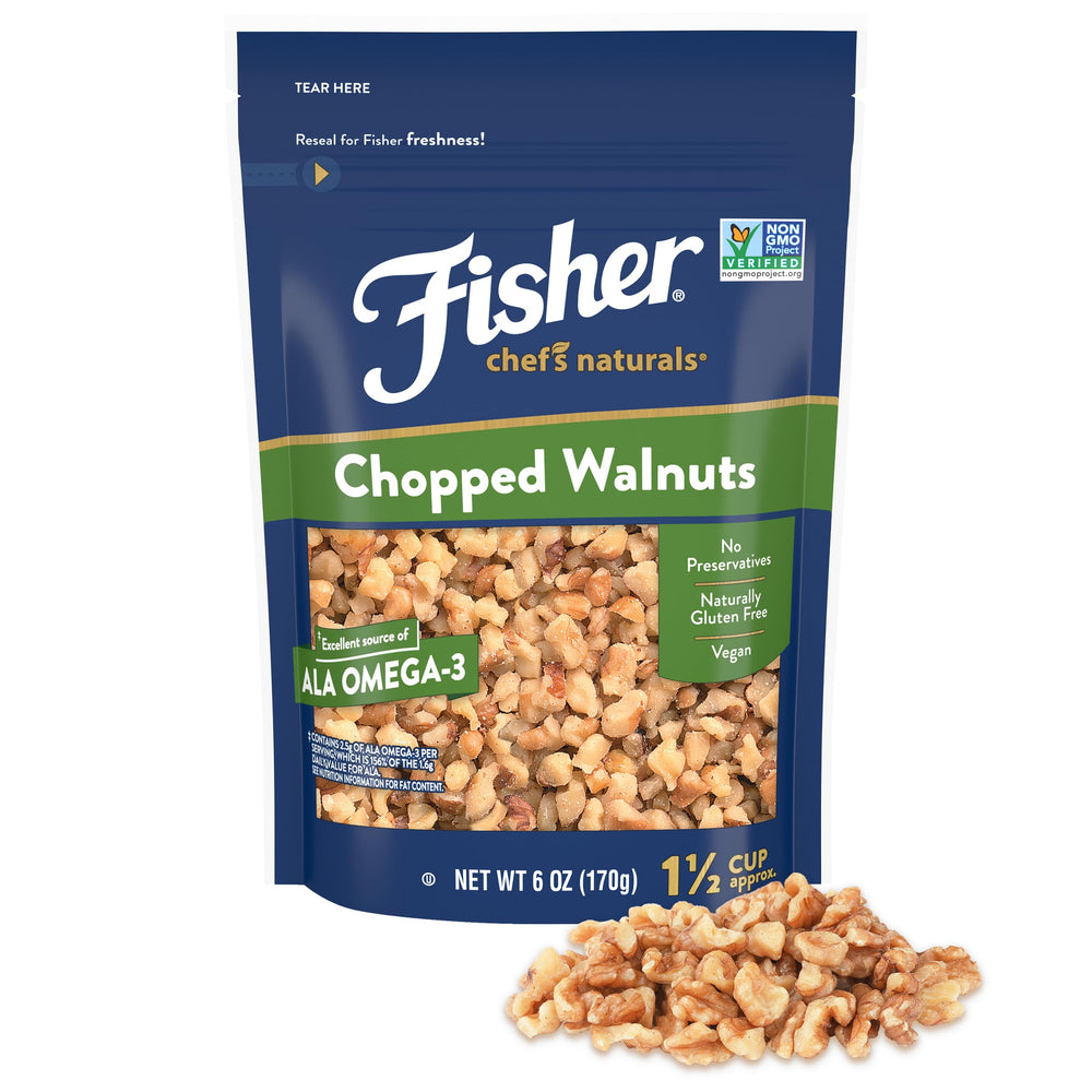 Fisher Chef's Naturals chopped walnuts in resealable bag for freshness and easy snacking.
