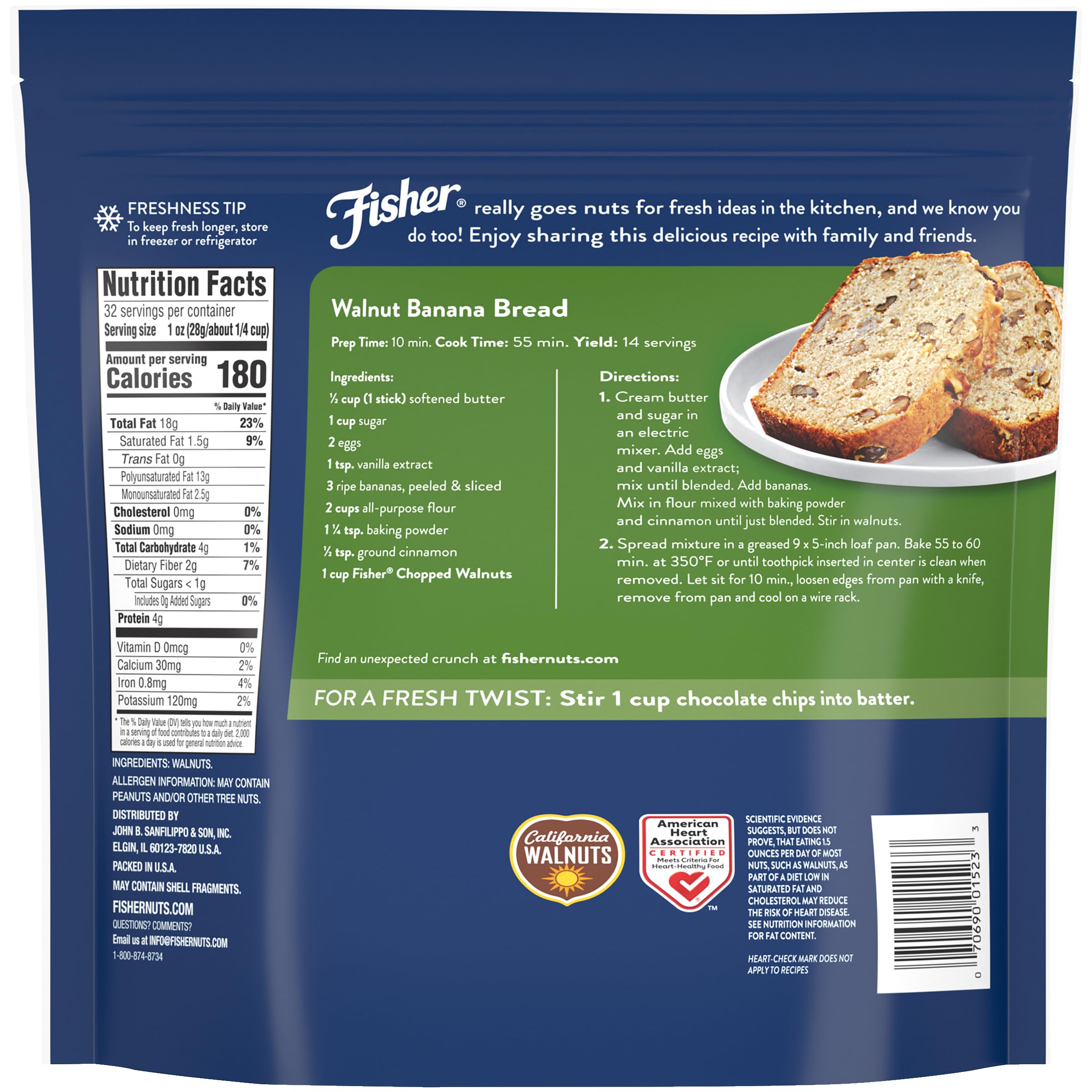 Chopped walnuts from Fisher Chef's Naturals shown in a bowl, perfect for salads and toppings.