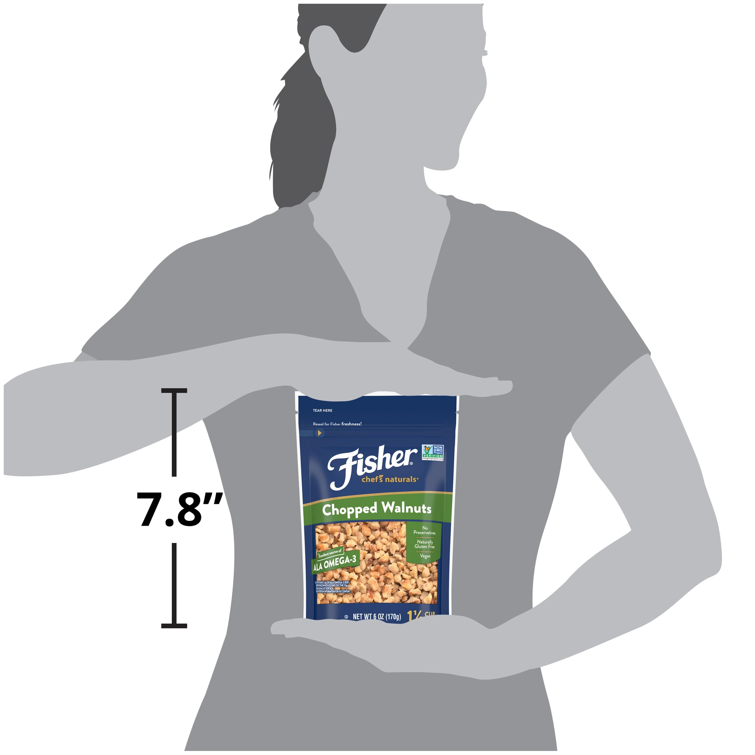 Fisher Freshness Seal keeps walnuts fresh after opening.