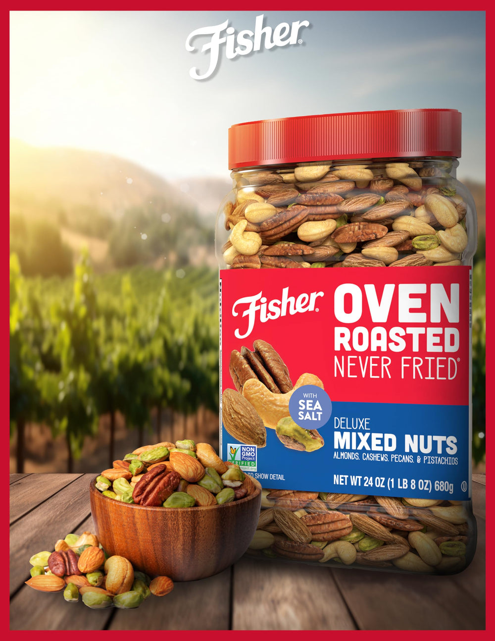 Fisher Chef's Naturals 24-oz canister on pantry shelf for easy access.