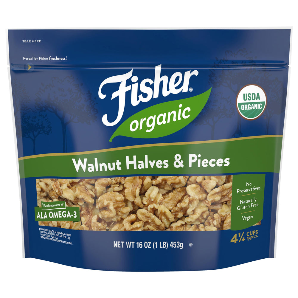 Fisher Chef's Naturals organic walnuts bag front view for baking and snacking.