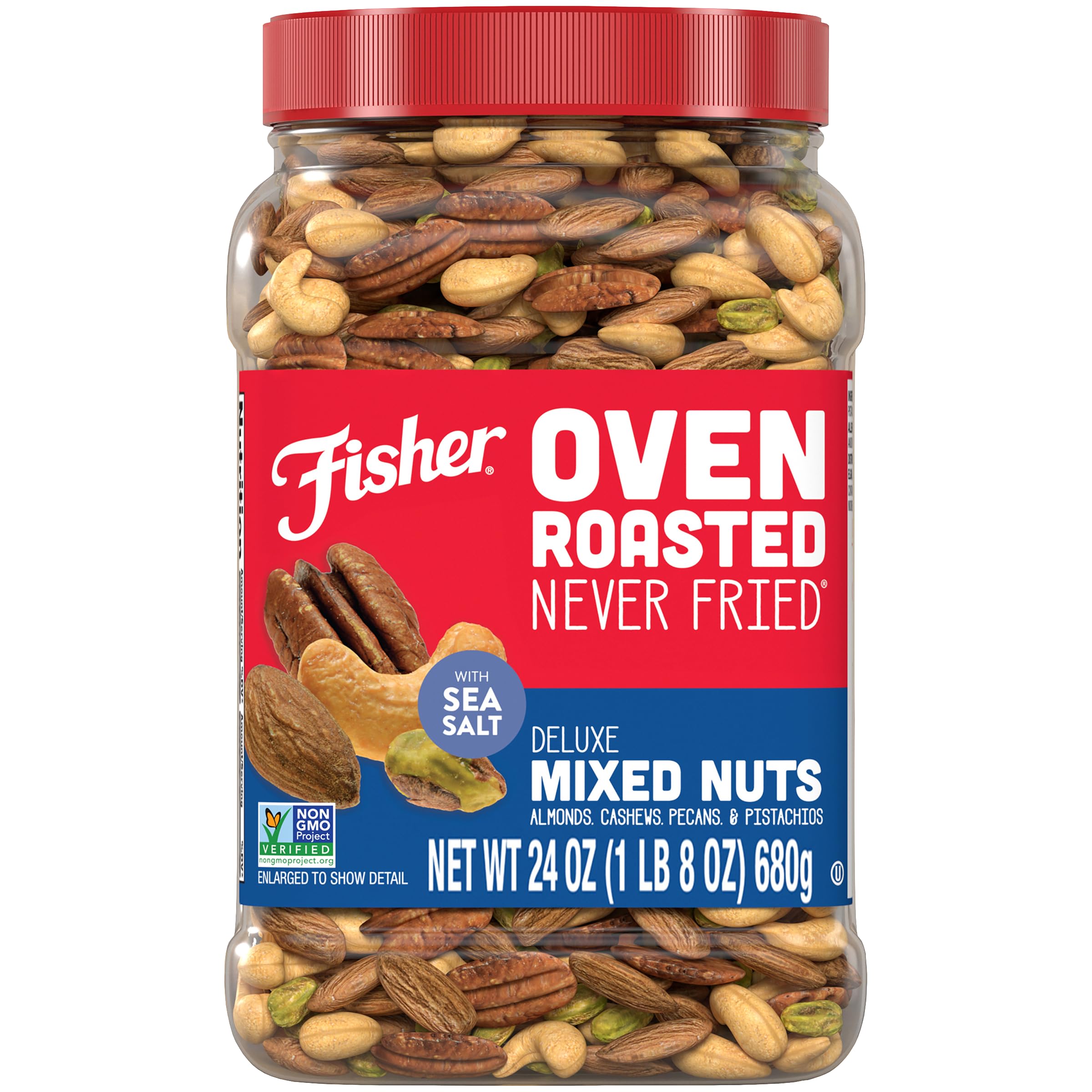 Fisher Chef's Naturals oven roasted never fried deluxe mixed nuts canister ready for on-the-go snacking.