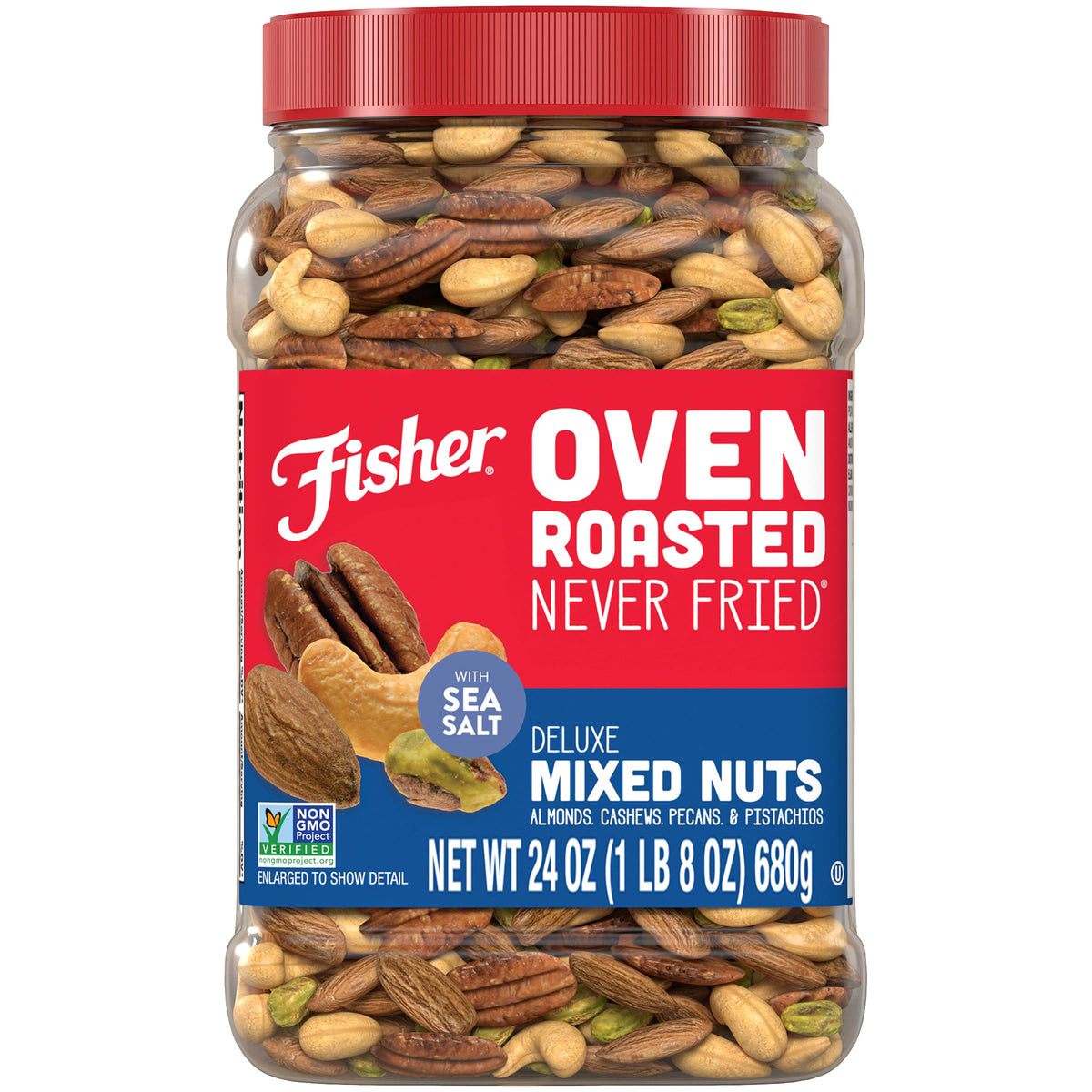 Fisher Chef's Naturals oven roasted never fried deluxe mixed nuts canister ready for on-the-go snacking.