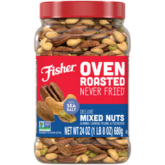 Fisher Chef's Naturals oven roasted never fried deluxe mixed nuts canister ready for on-the-go snacking.