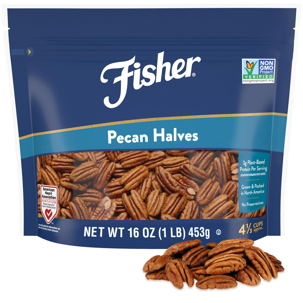 Fisher Chef's Naturals pecan halves in resealable bag, ideal for snacking and baking.