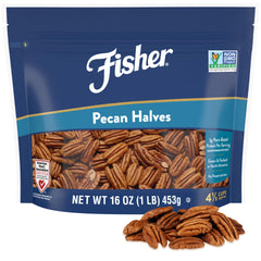 Fisher Chef's Naturals pecan halves in resealable bag, ideal for snacking and baking.