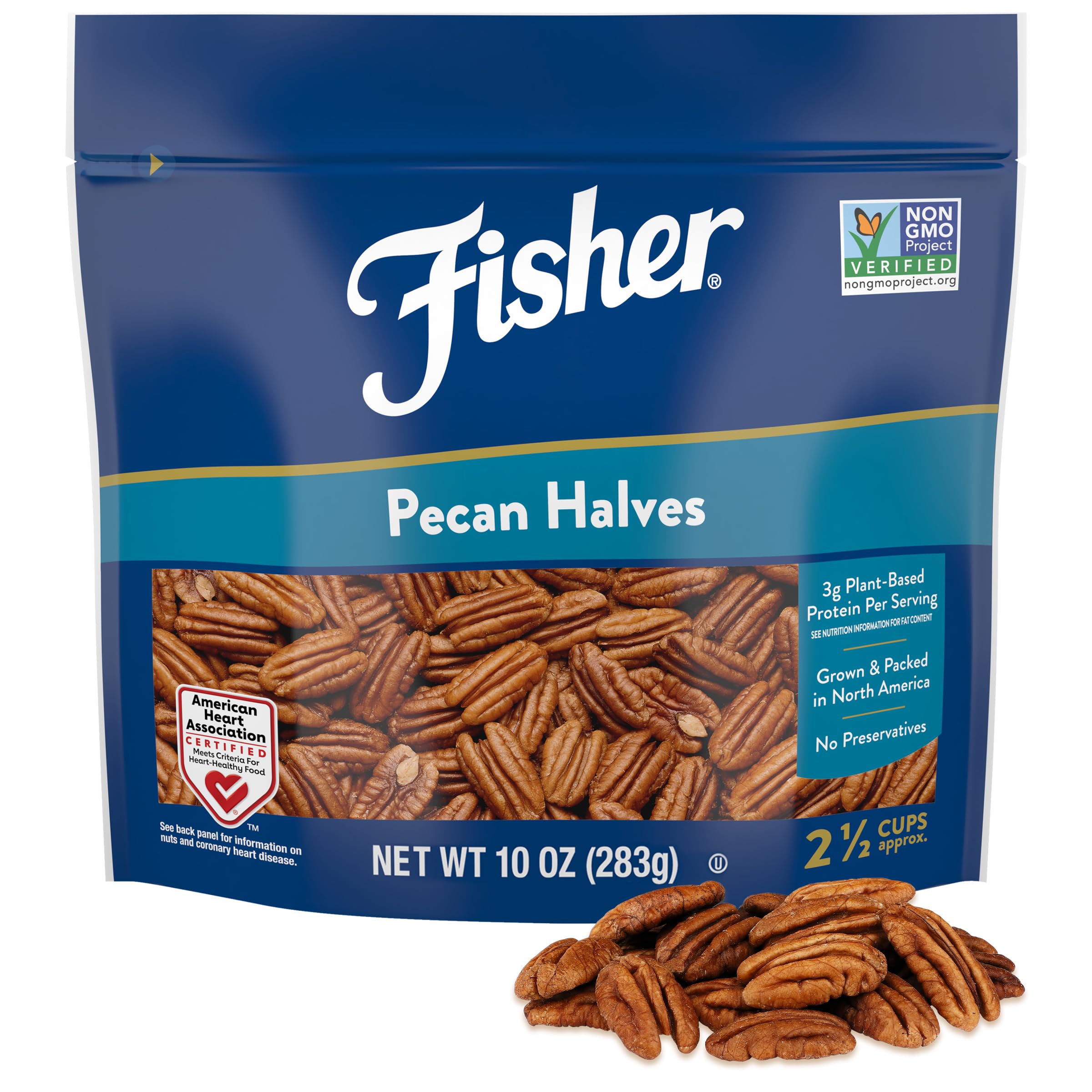 Fisher Chef's Naturals pecan halves in a 10 oz bag, ideal for baking and snacking.