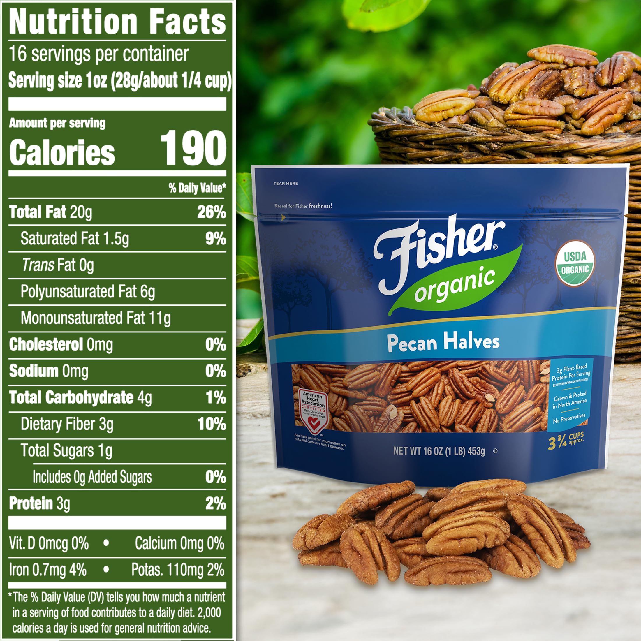 Fisher Chef's Naturals pecans halves in bag—resealable freshness for everyday use.
