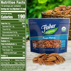 Fisher Chef's Naturals pecans halves in bag—resealable freshness for everyday use.