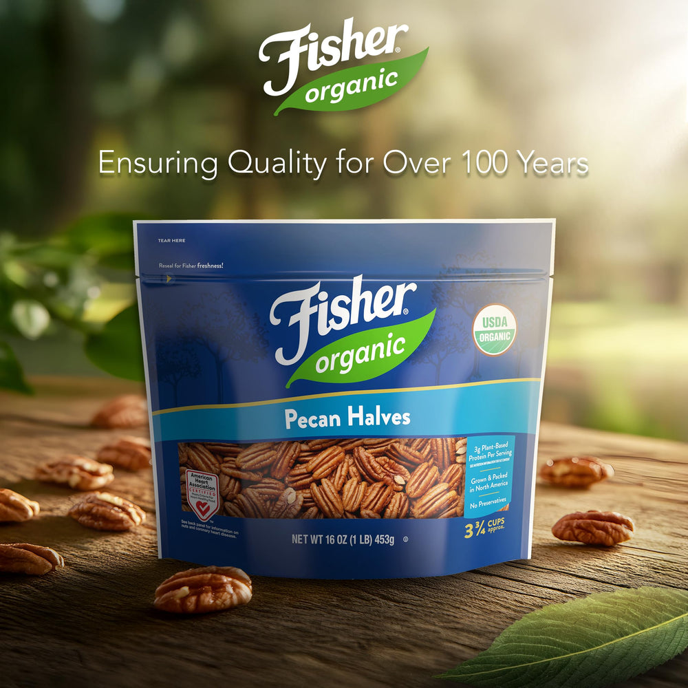 Fisher Chef's Naturals pecans halves snacking—3g protein per serving for balanced bites.
