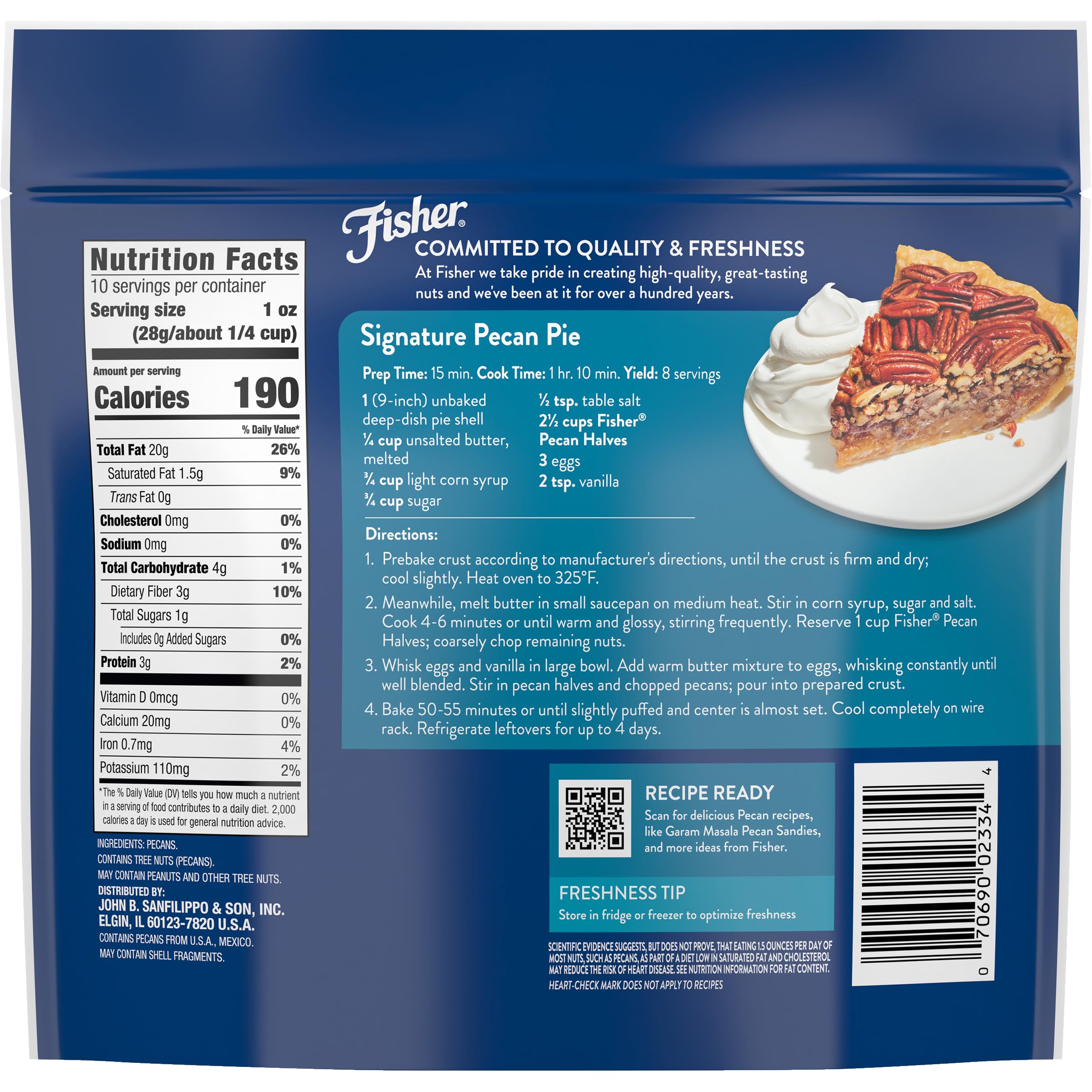 Fisher pecans resealable bag close-up, keeps freshness for on-the-go snacking and meals.