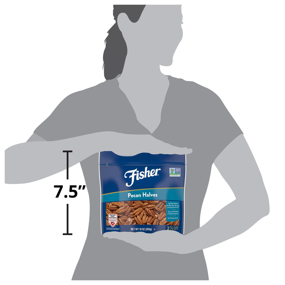 Fisher pecans as a gluten-free, non-GMO snack option for heart-healthy meals.
