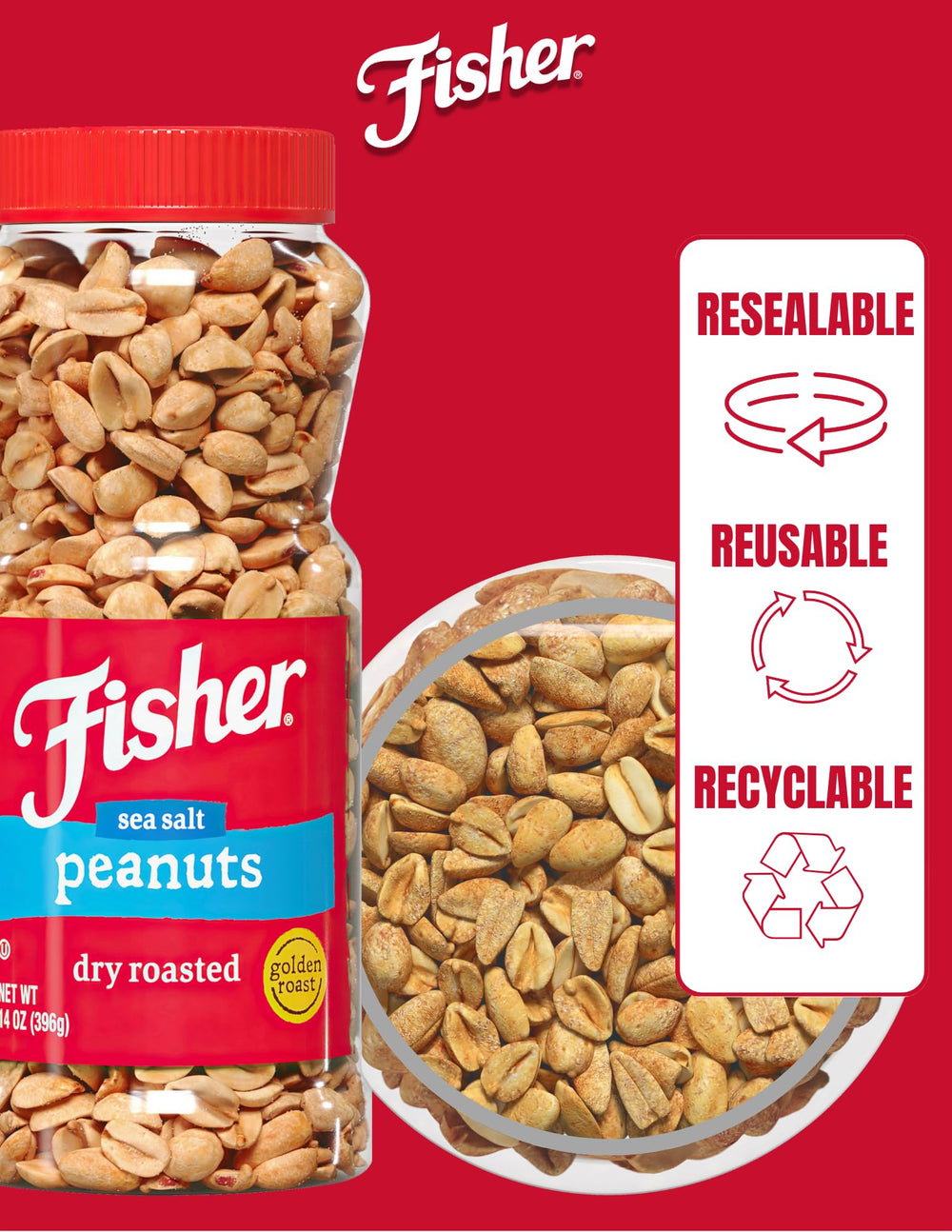 Fisher Chef's Naturals dry roasted peanuts offer crunchy texture and sea salt