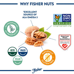 Fisher unsalted chopped walnuts ideal as vegan protein snack.
