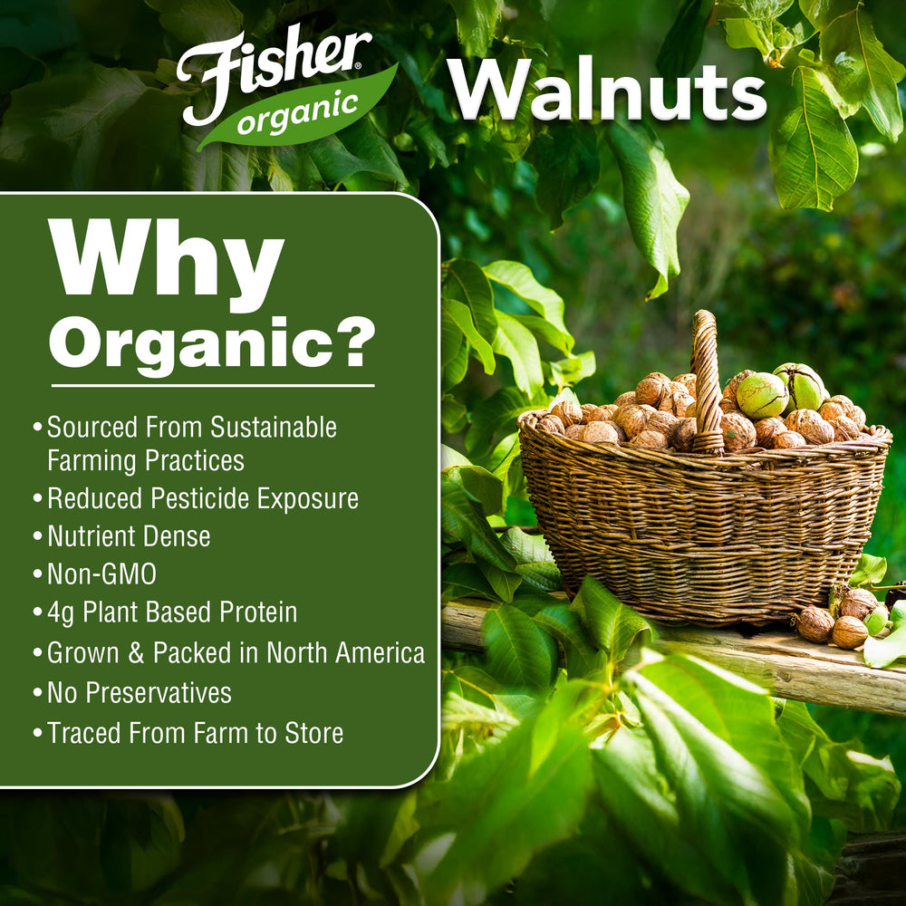Fisher Chef's Naturals unsalted walnuts scoop highlighting pure flavor.