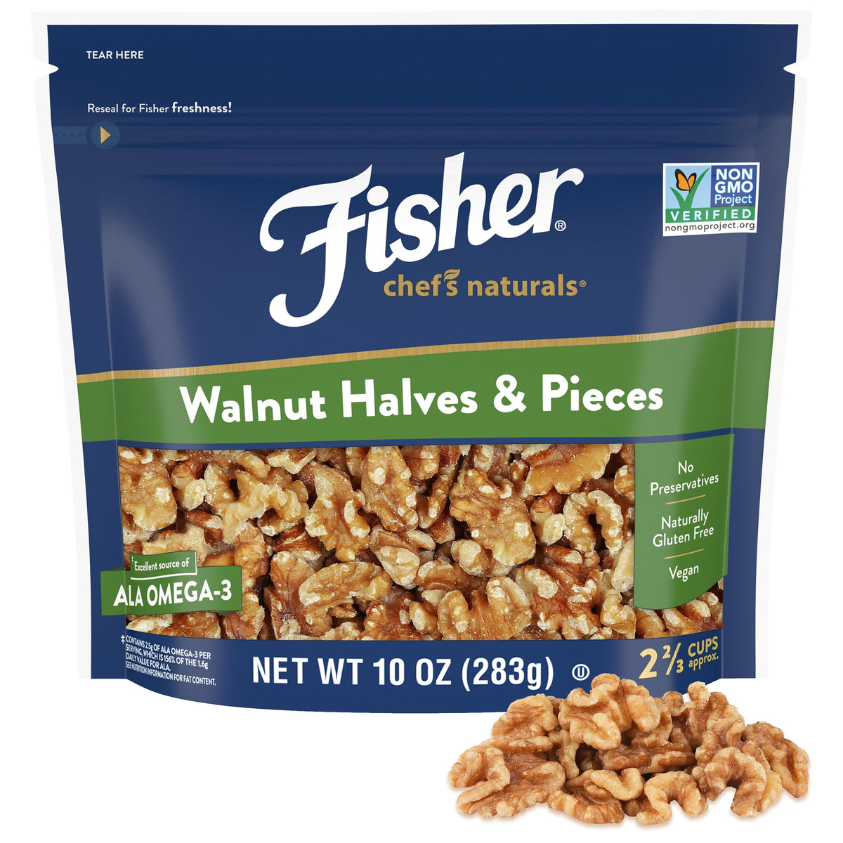 Fisher Chef's Naturals walnut halves and pieces in resealable bag for freshness