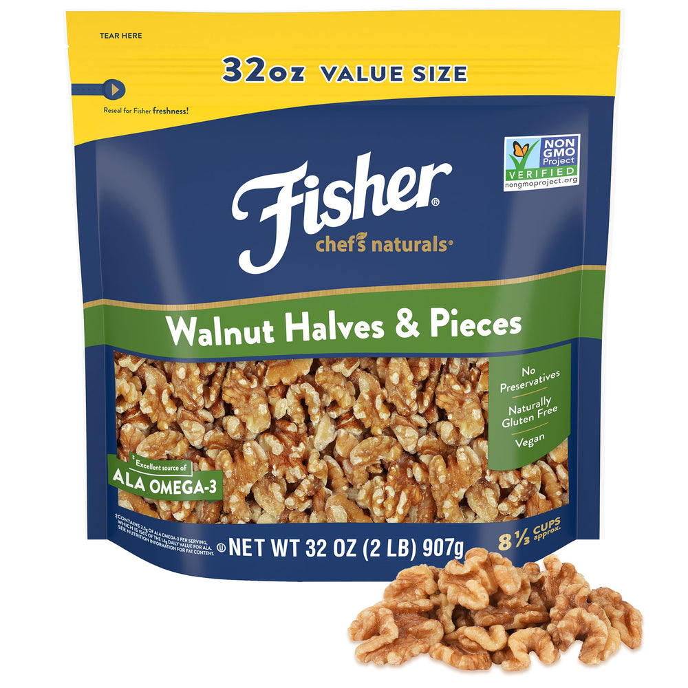 Fisher Chef's Naturals walnut halves and pieces in a resealable bag for baking