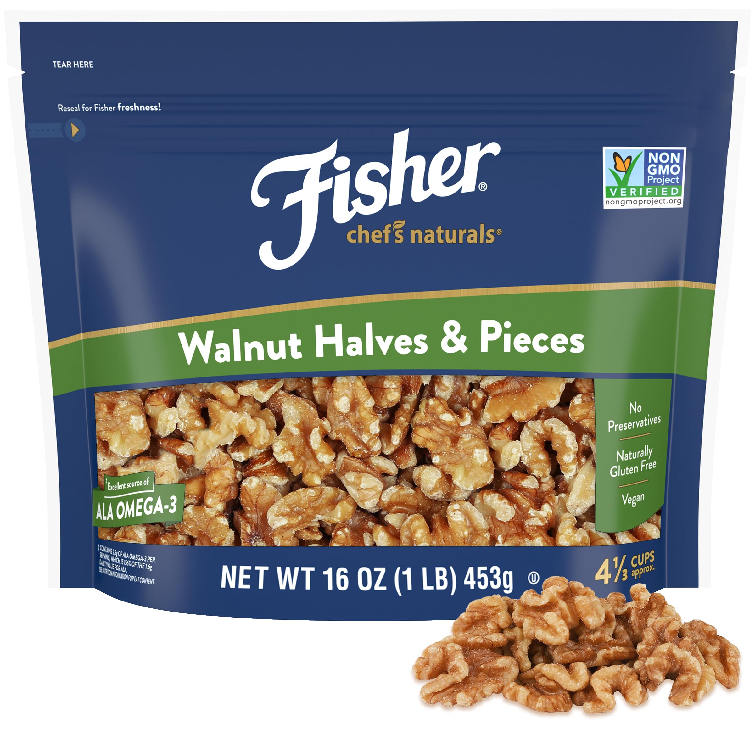 Fisher Chef's Naturals walnut halves and pieces in a resealable bag for baking