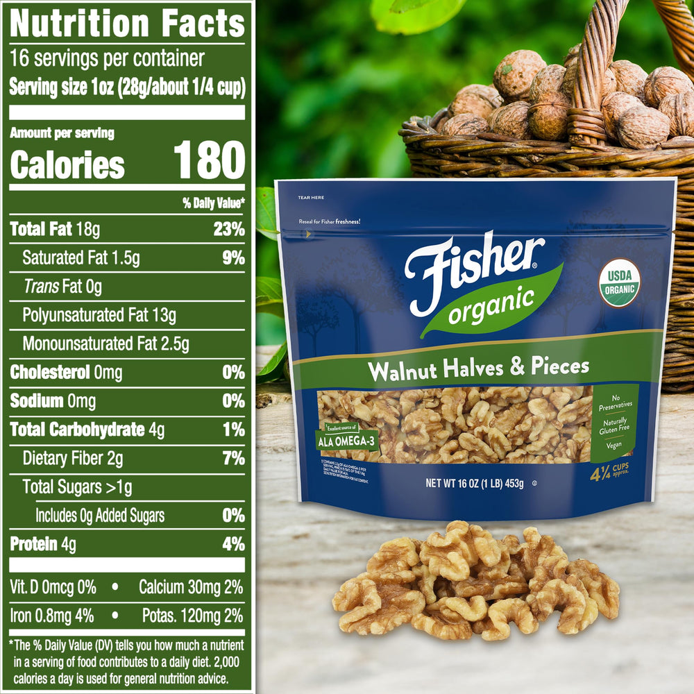 Fisher Chef's Naturals walnuts halves and pieces close-up showing versatile texture.