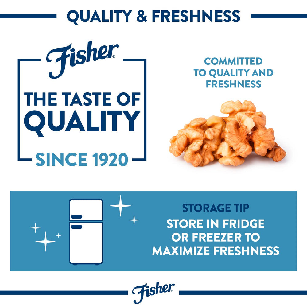 Fisher walnuts topping for yogurt or cereal delivers nutty flavor with added protein.
