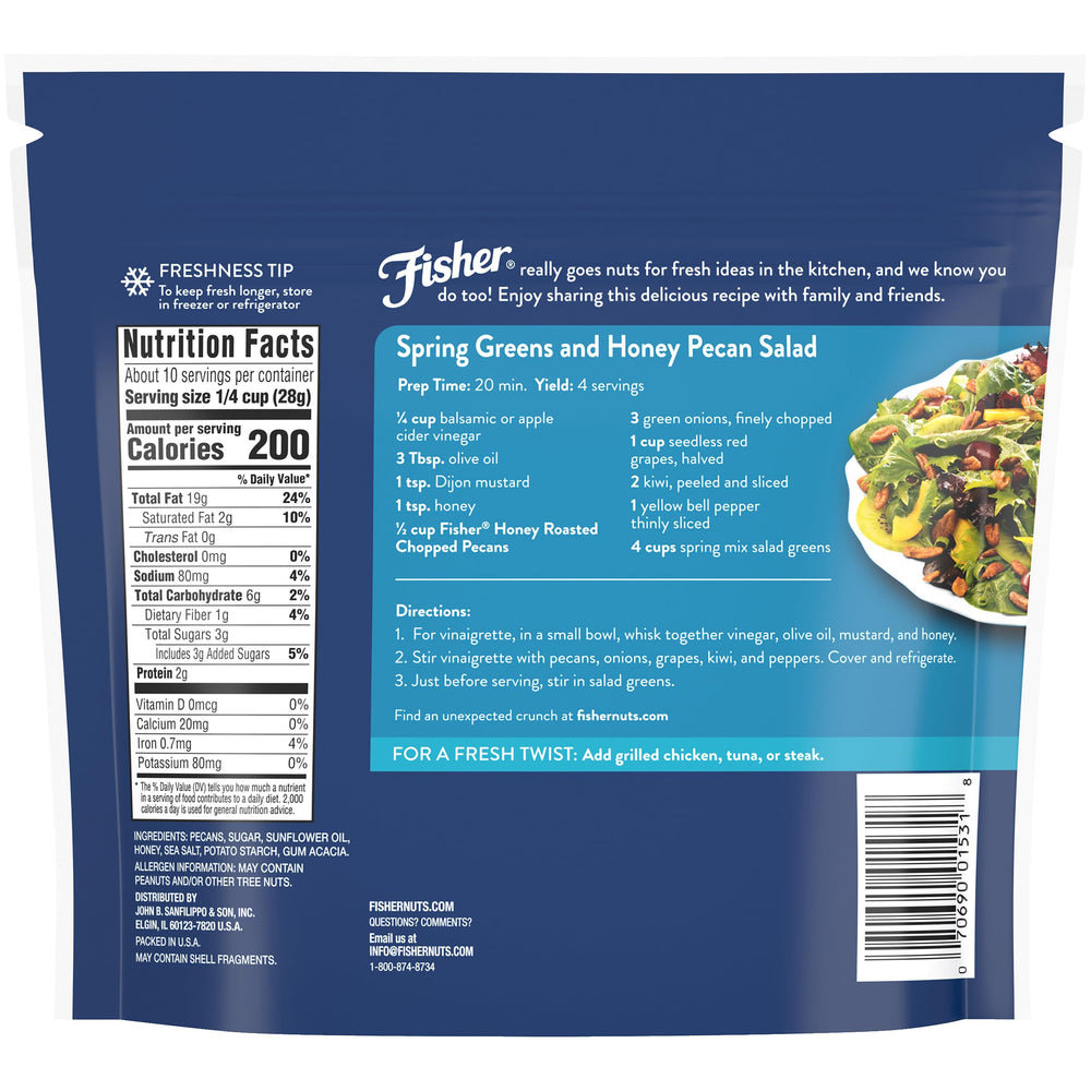Closeup of Fisher honey roasted pecans highlights crunchy texture and buttery flavor