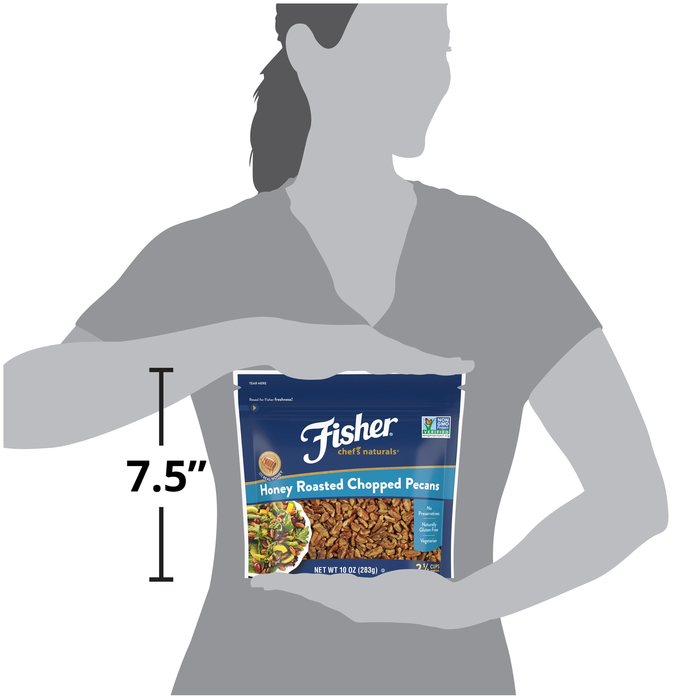 Fisher honey roasted pecans sealed bag keeps freshness for on-the-go eating