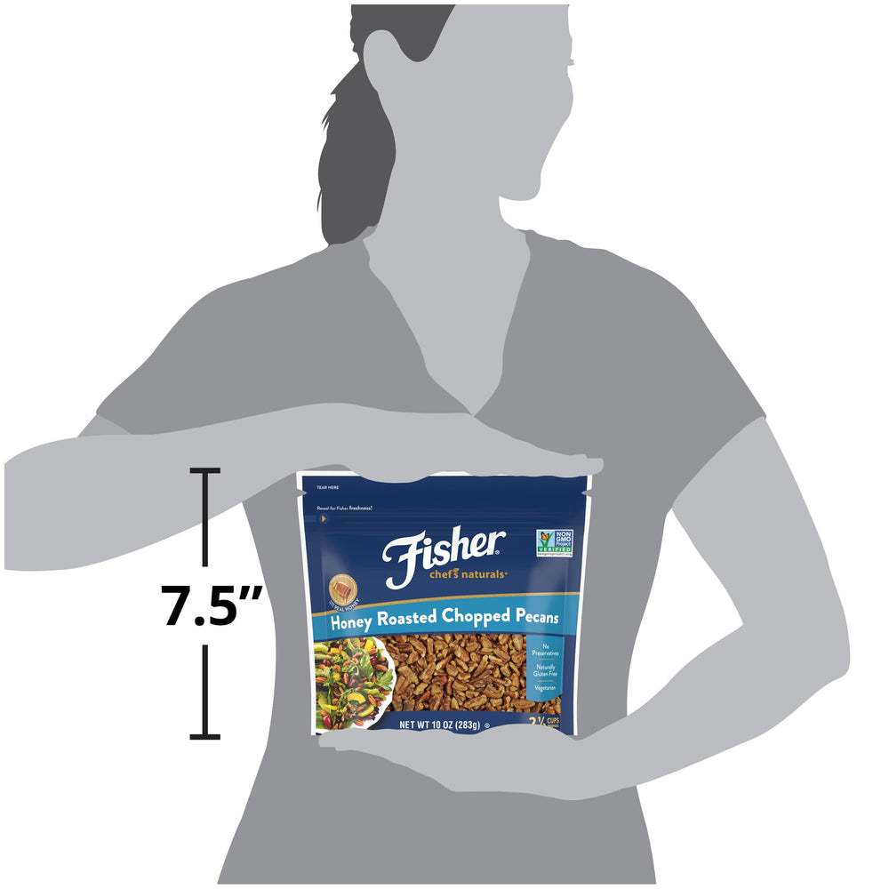 Fisher honey roasted pecans sealed bag keeps freshness for on-the-go eating