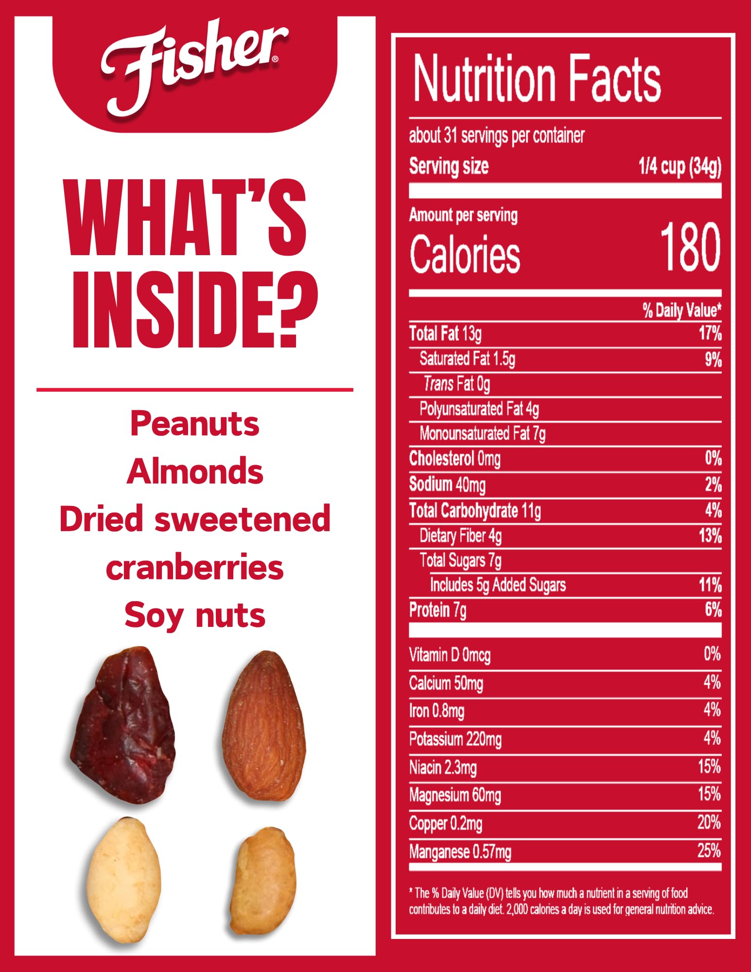 Fisher Hunger Fighter ingredients: peanuts, almonds, soy nuts, cranberries.