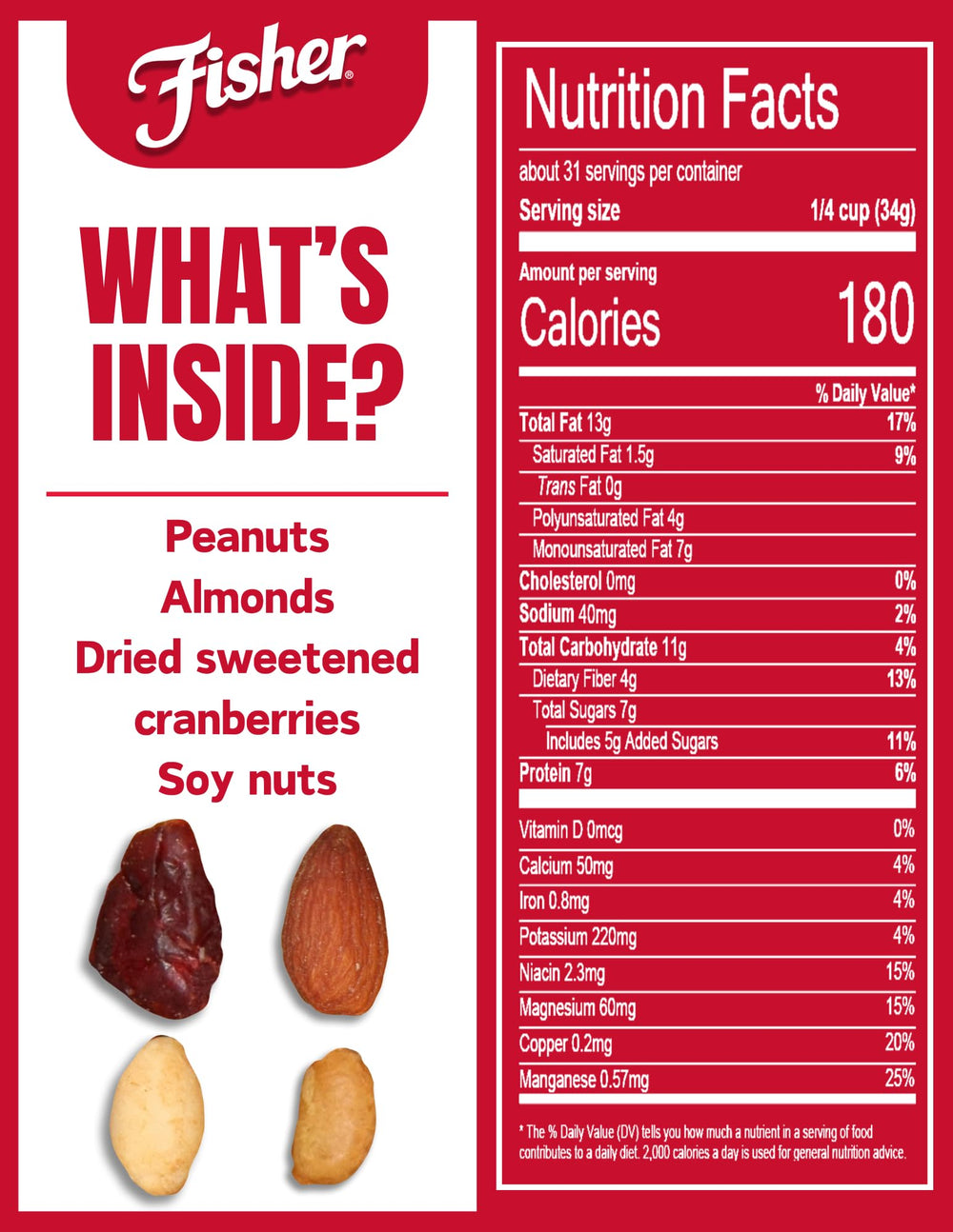 Fisher Hunger Fighter ingredients: peanuts, almonds, soy nuts, cranberries.