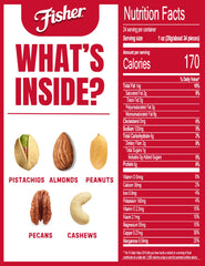Close-up of Fisher mixed nuts with sea salt showing simple ingredients.