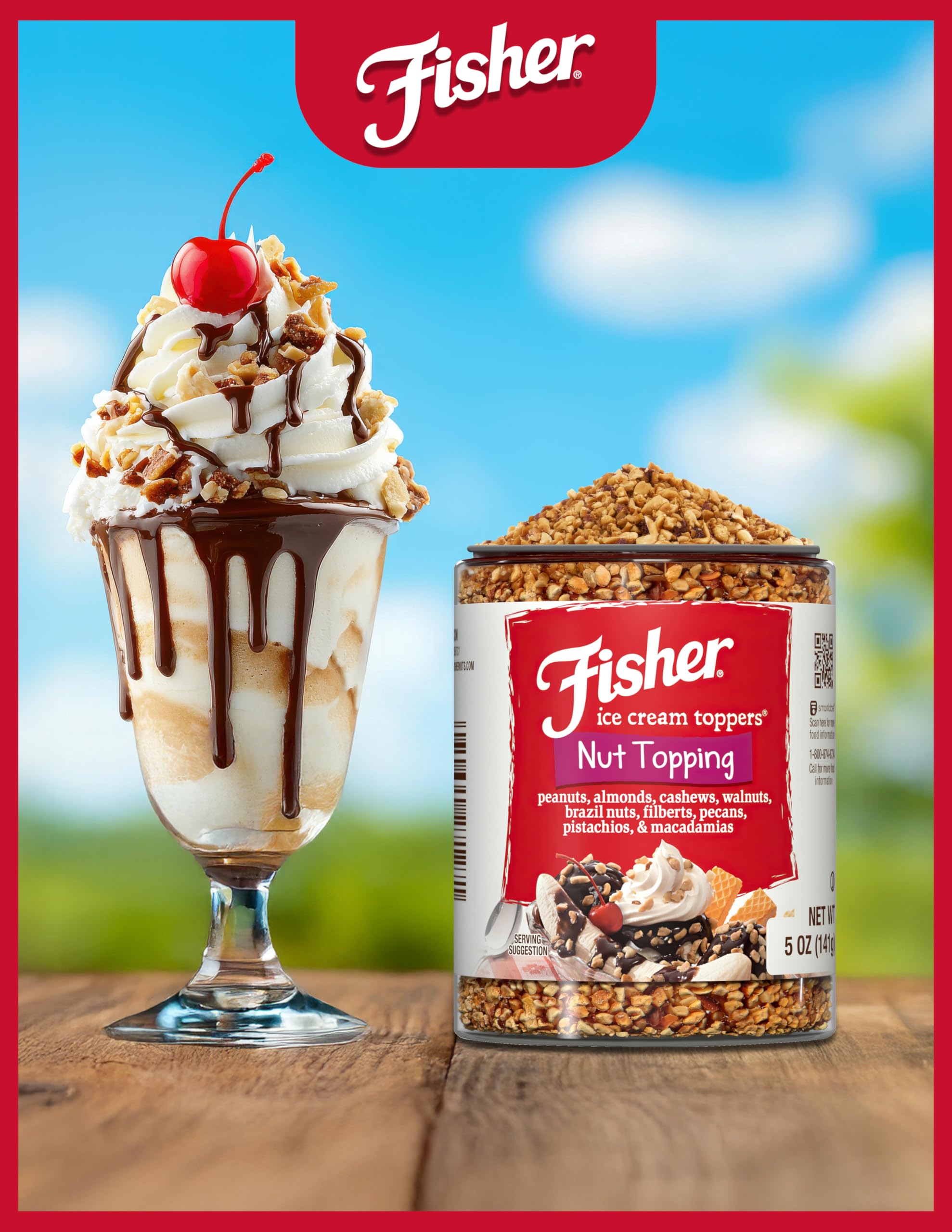 Fisher Nuts topping sprinkled on dessert, delivering crunch.