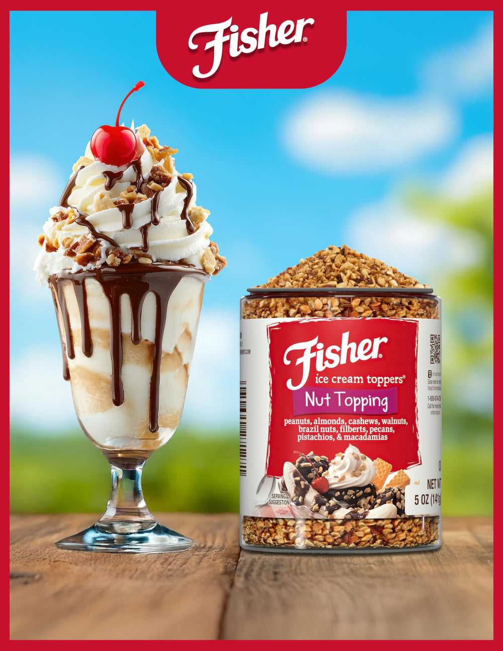 Fisher Nuts topping sprinkled on dessert, delivering crunch.