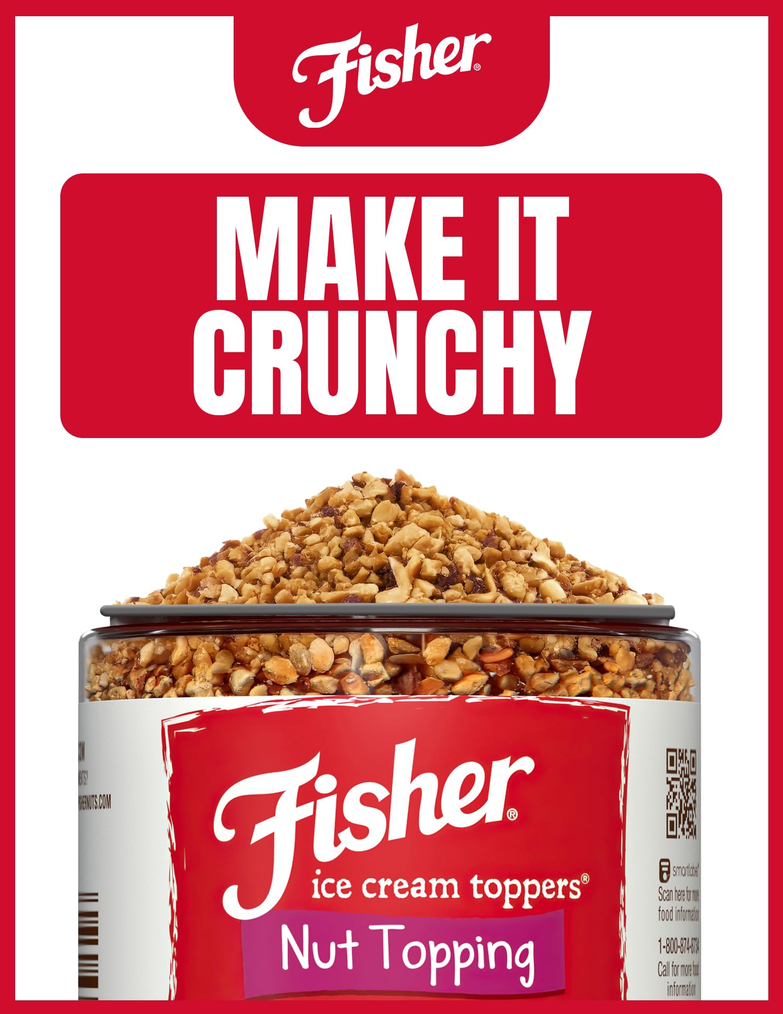 Fisher Ice Cream Topping jar closeup, featuring gluten-free nut mix.