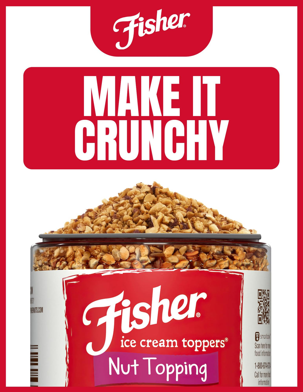 Fisher Ice Cream Topping jar closeup, featuring gluten-free nut mix.