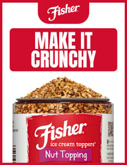 Fisher Ice Cream Topping jar closeup, featuring gluten-free nut mix.