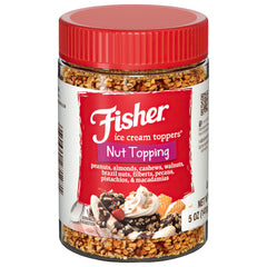 Fisher Ice Cream Topping packaging front, premium nut blend for desserts.